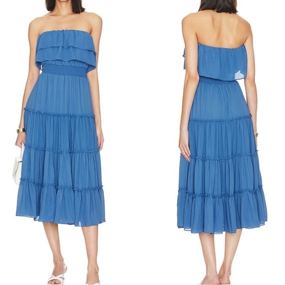 1. State Dresses & Skirts - 1. STATE BLUE STRAPLESS RUFFLE TOP TIERED SMOCKED WAIST MIDI DRESS SZ MEDIUM NEW